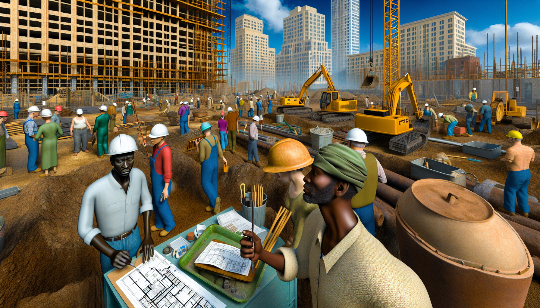 Construction site with workers and equipment